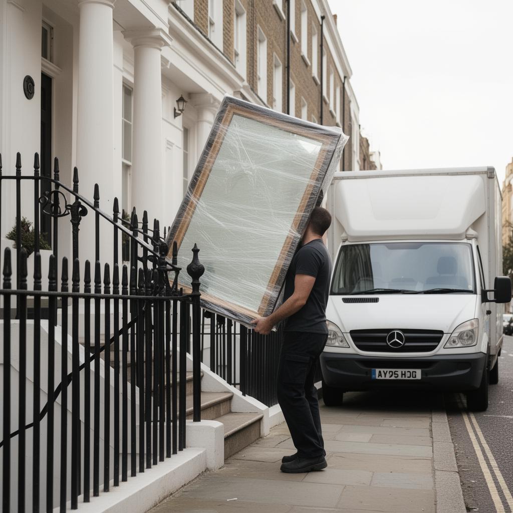 Mover carrying a wrapped mirror