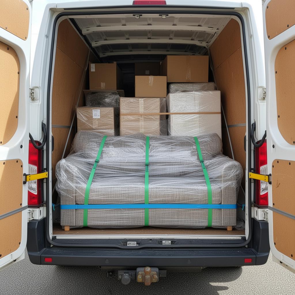 Sofa and boxes secured inside a Luton van